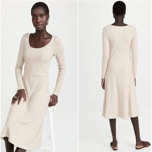 Vince Rib Scoop Neck Long Sleeve Midi Sweater Dress Heather Cream XS